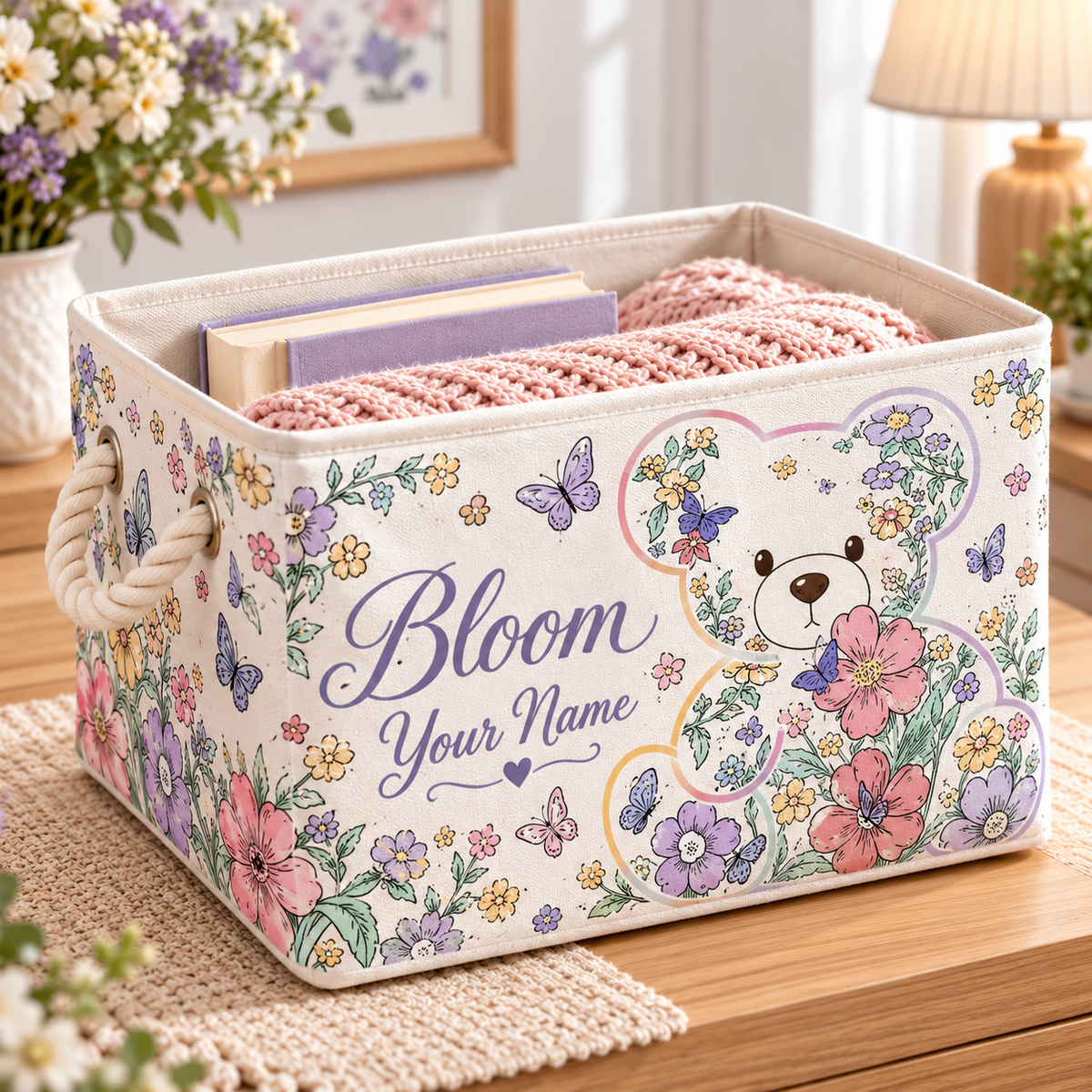 Bloom Floral Teddy Bear Personalized Storage Basket