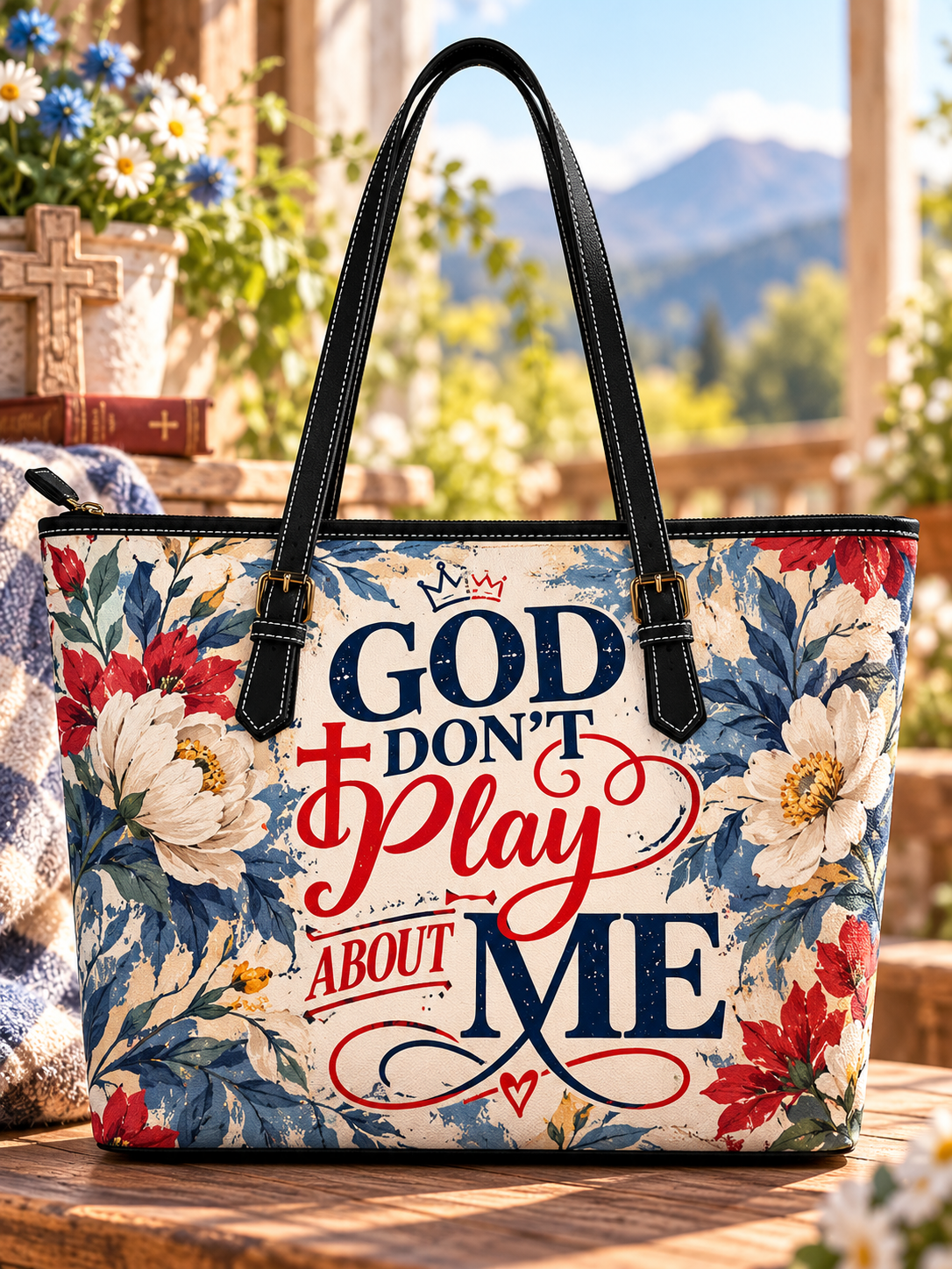 God Don't Play About Me Floral Saddle Bag