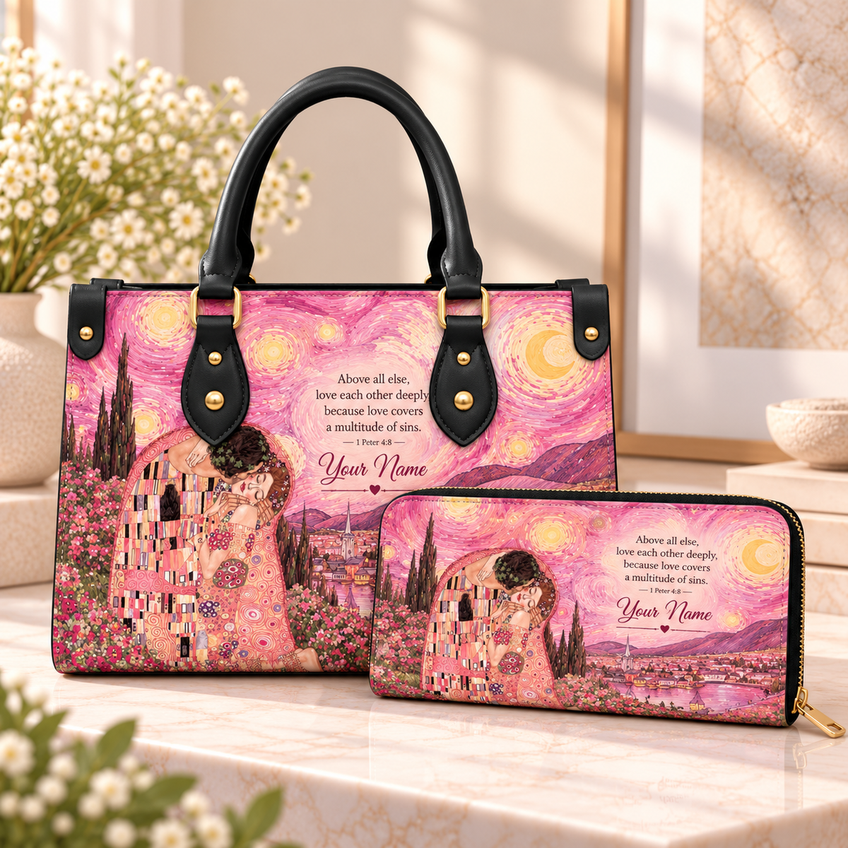 Pink Starry Embrace Personalized PU Leather Handbag & Leather Long Wallet