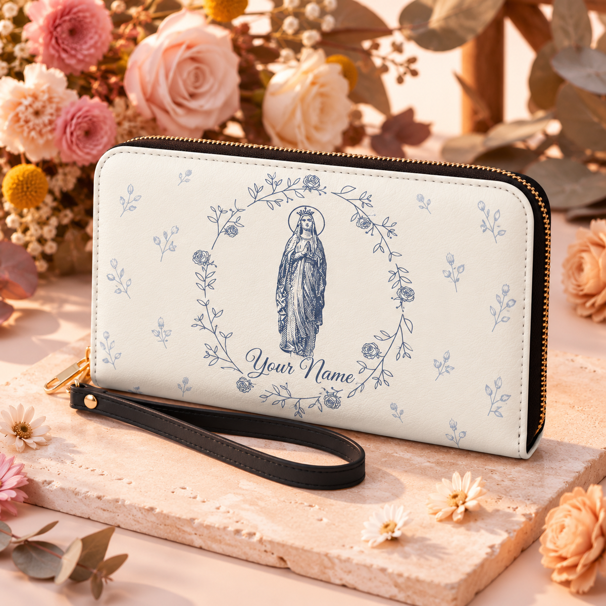 Vintage Rose Wreath Personalized PU Leather Long Wallet
