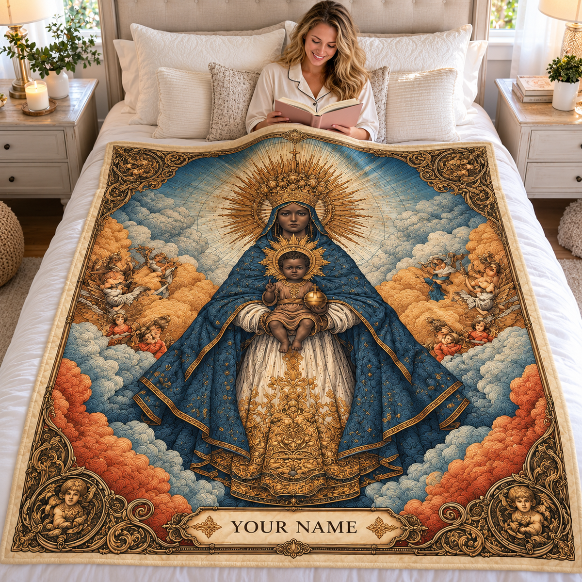 Ornate Blue and Gold Mother and Child Personalized Quilt