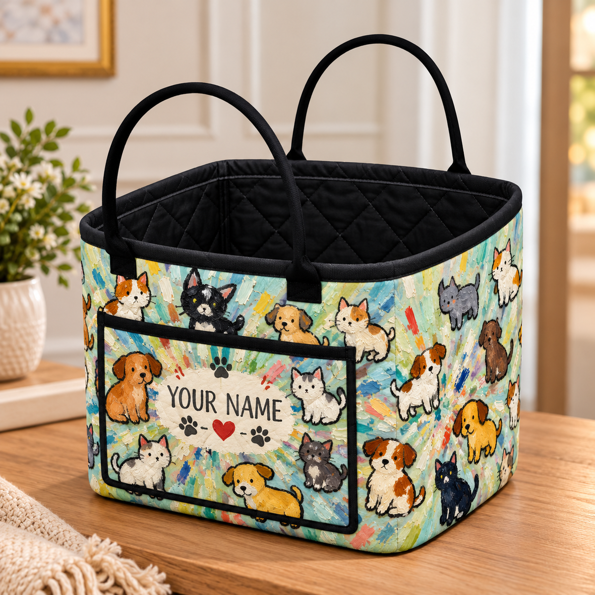 Cute Cats and Dogs Personalized Quilted Storage Basket