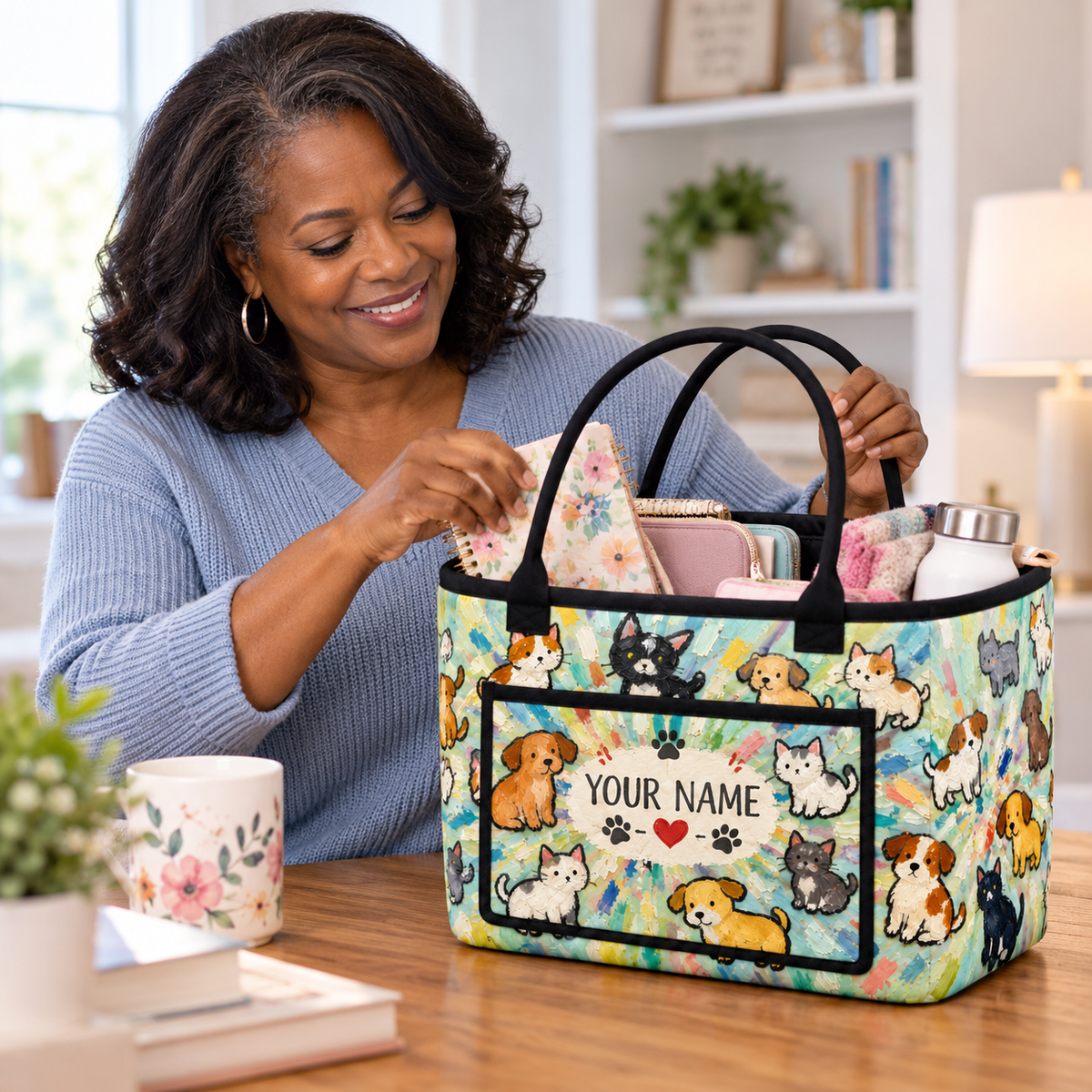 Cute Cats and Dogs Personalized Quilted Storage Basket