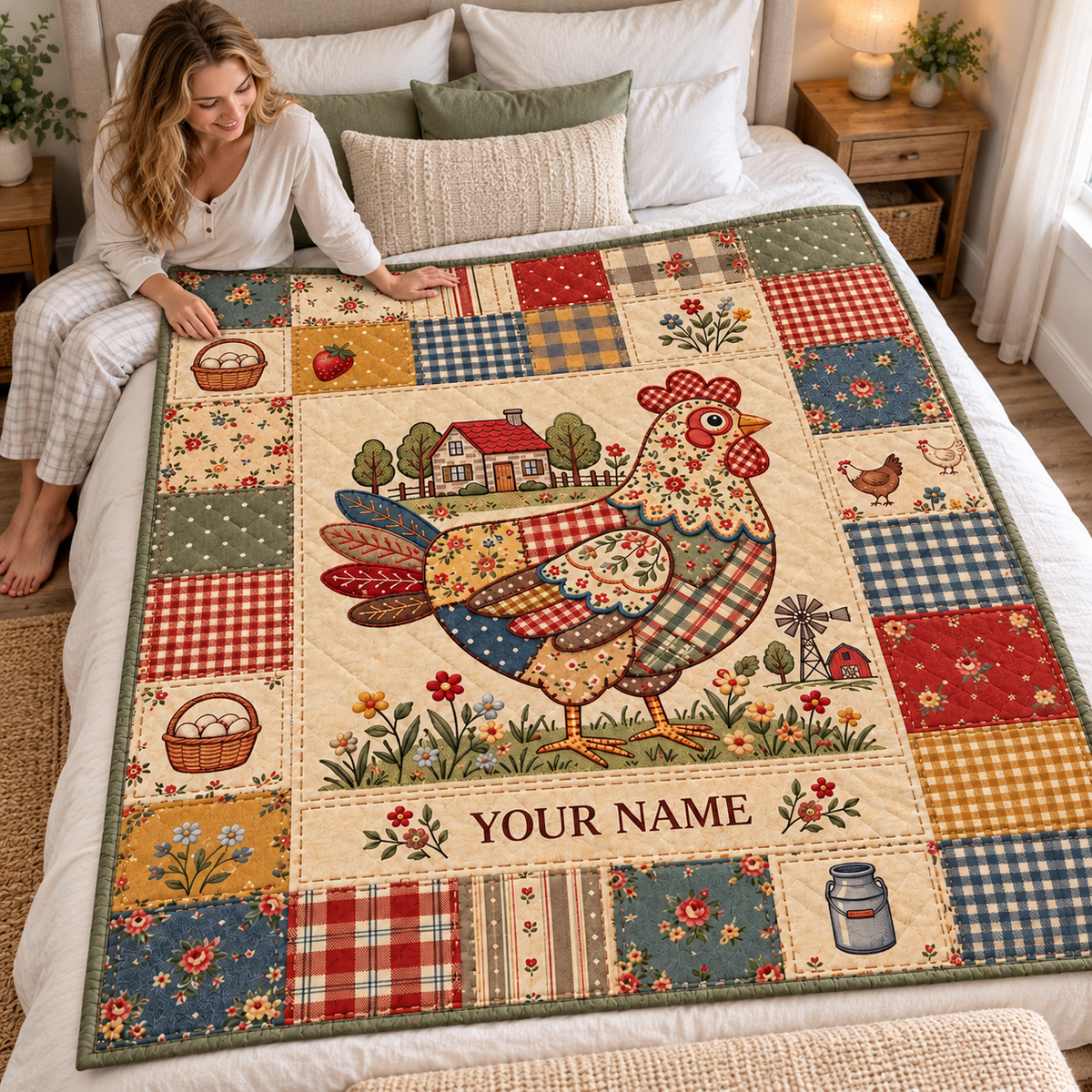 Farmhouse Chicken Patchwork Personalized Quilt