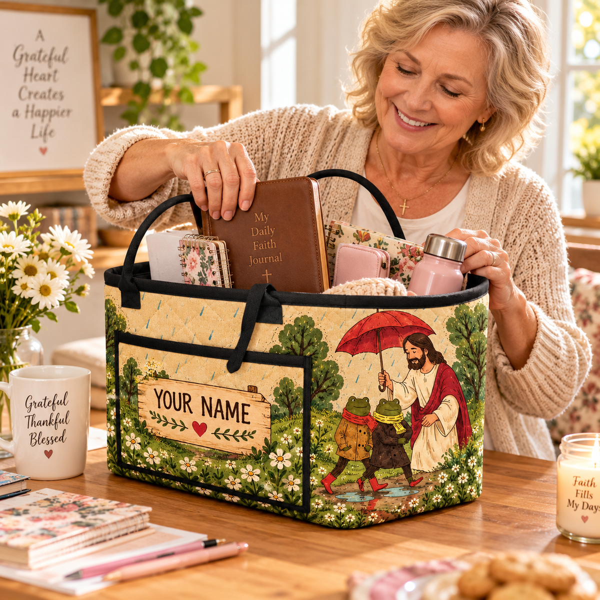 Rainy Day Frog Friends Personalized Quilted Storage Basket