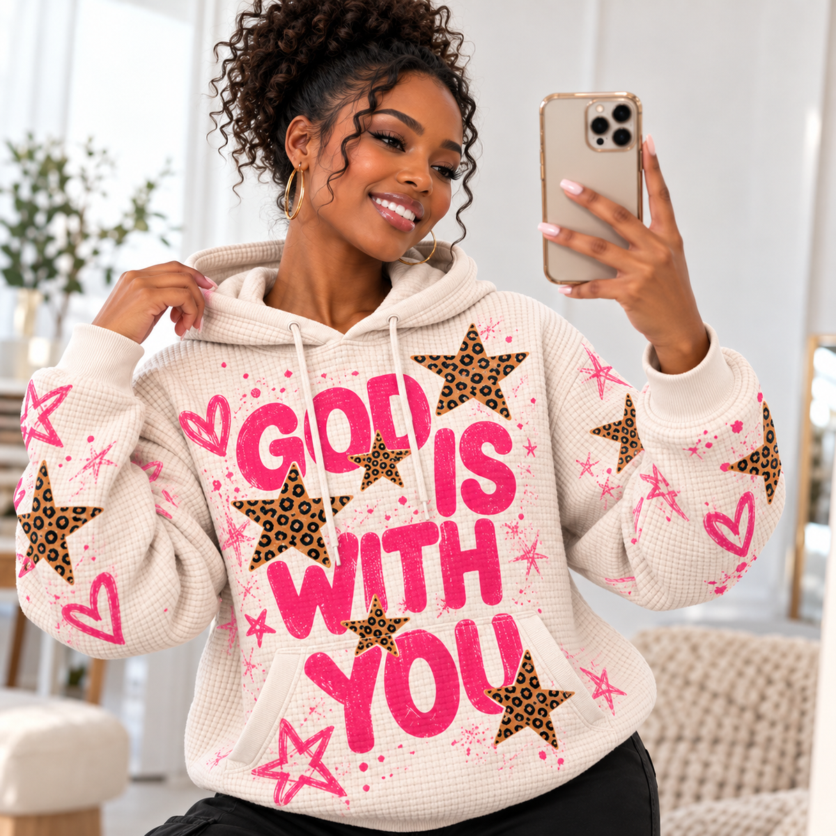 Cream Pink Leopard Stars Waffle Hoodie