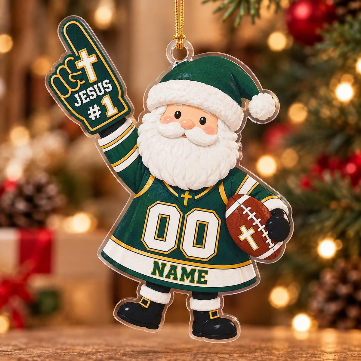 Jesus #1 Football Santa Personalized Sports Ornament