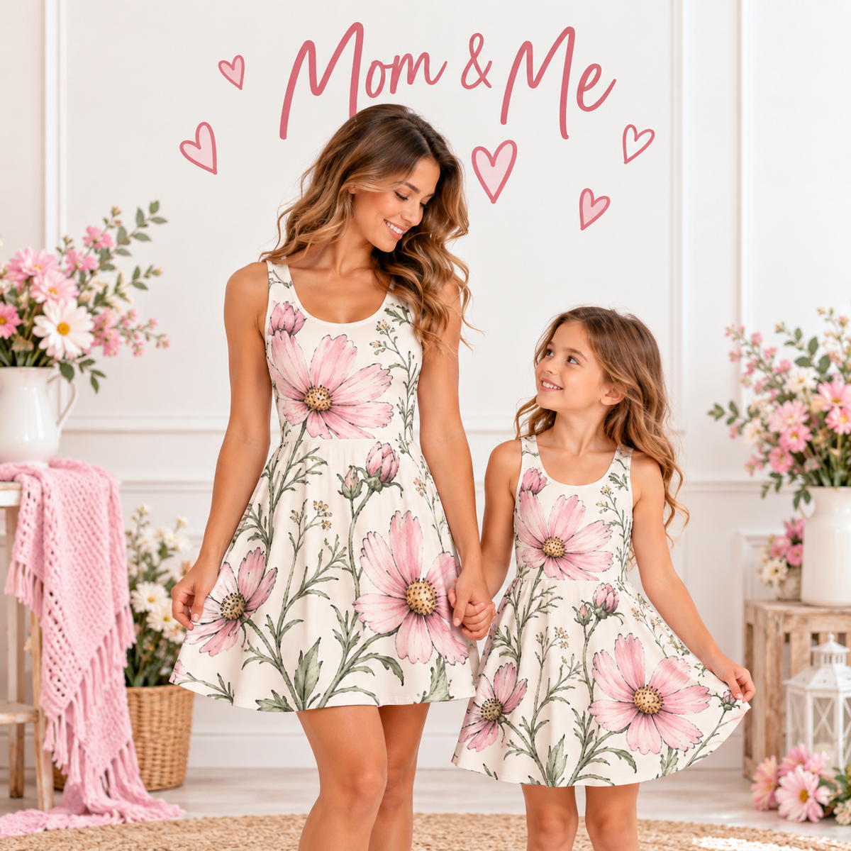 Pink Floral Matching Sleeveless Dress