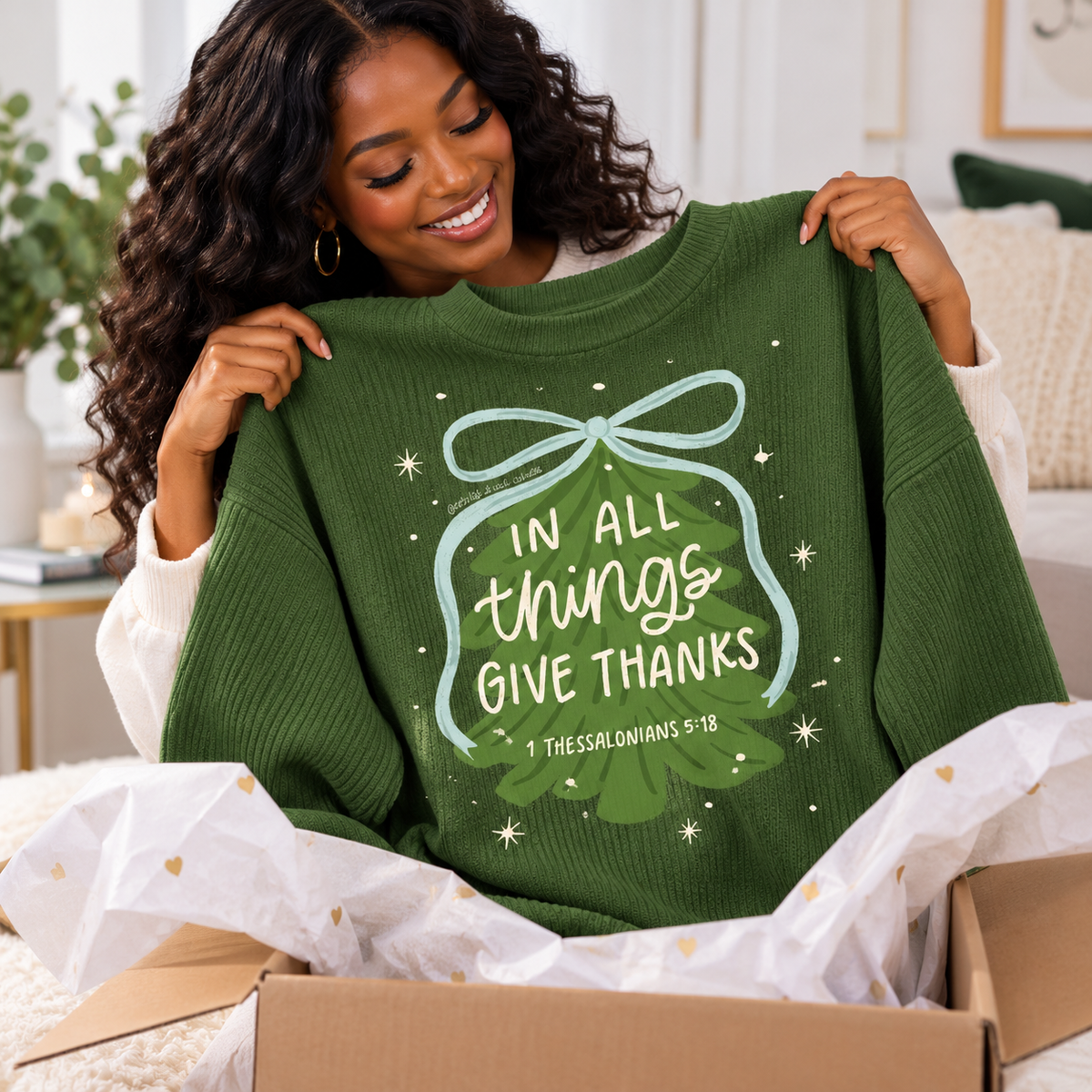 Forest Green Tree Bow Waffle Sweatshirt