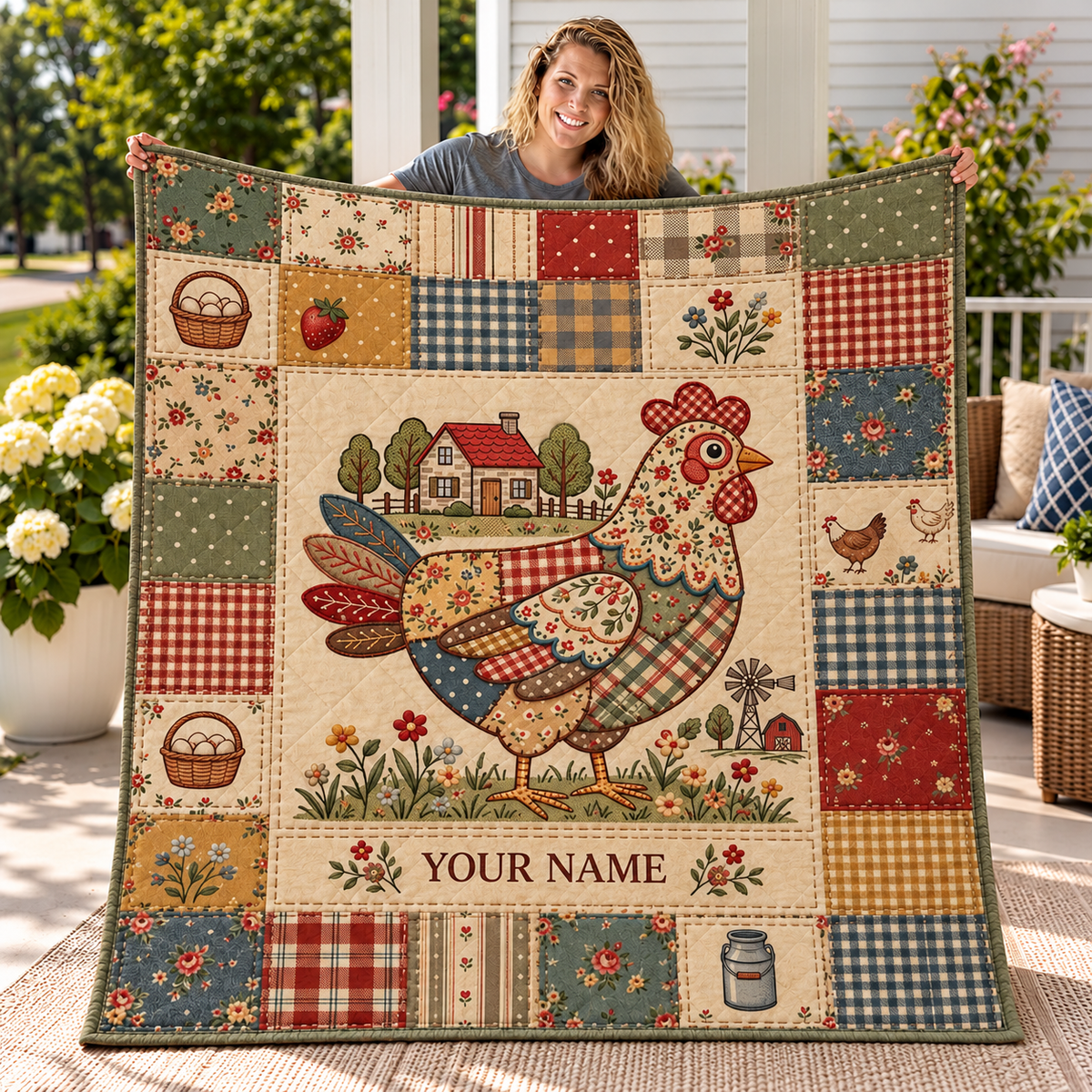 Farmhouse Chicken Patchwork Personalized Quilt
