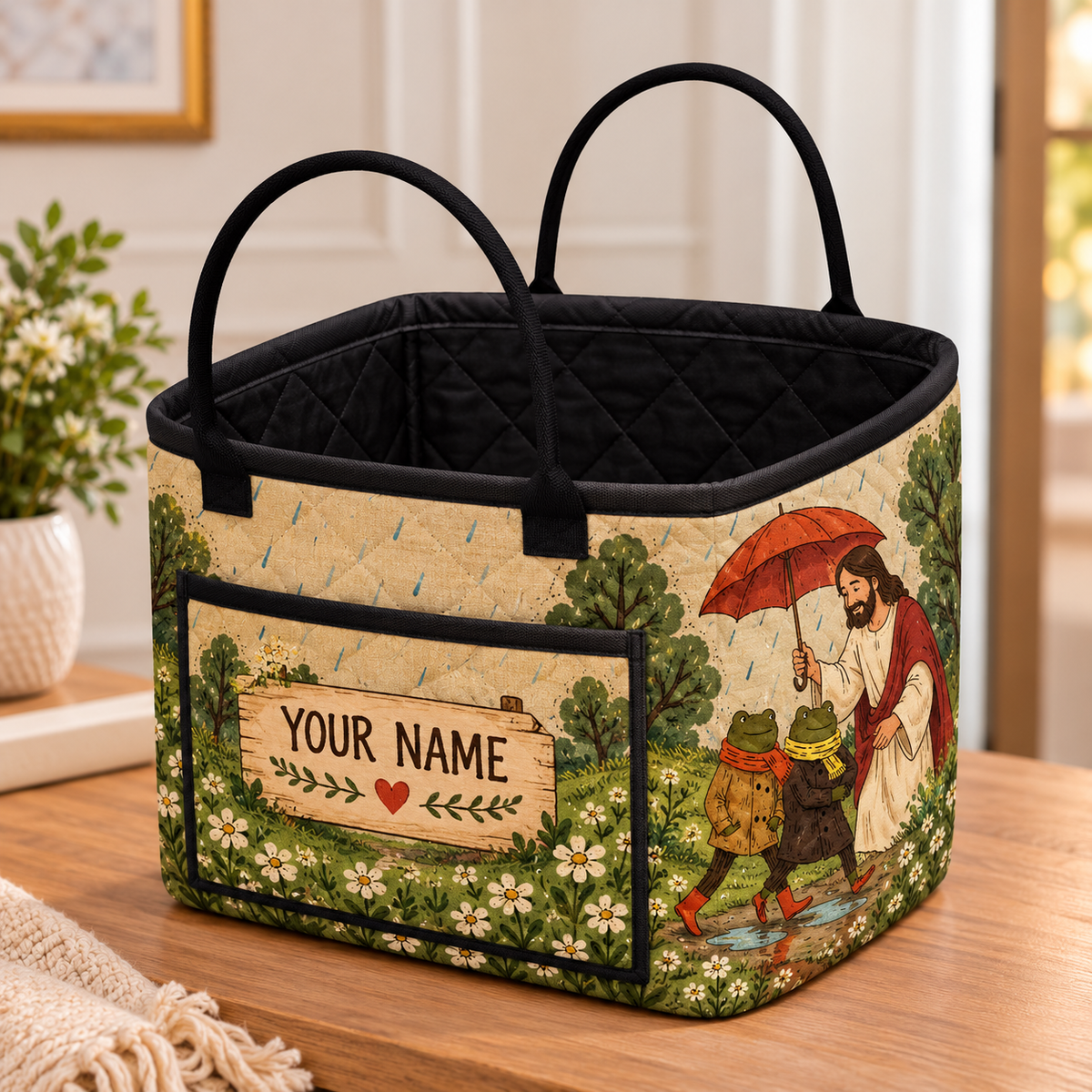 Rainy Day Frog Friends Personalized Quilted Storage Basket