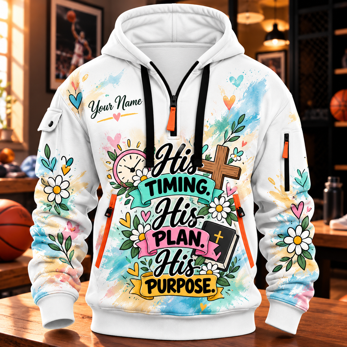 Pastel Daisy Typography Personalized Half-Zip Hoodie