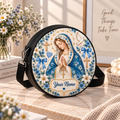 Virgin Mary Blue Floral Personalized Leather Round Bag