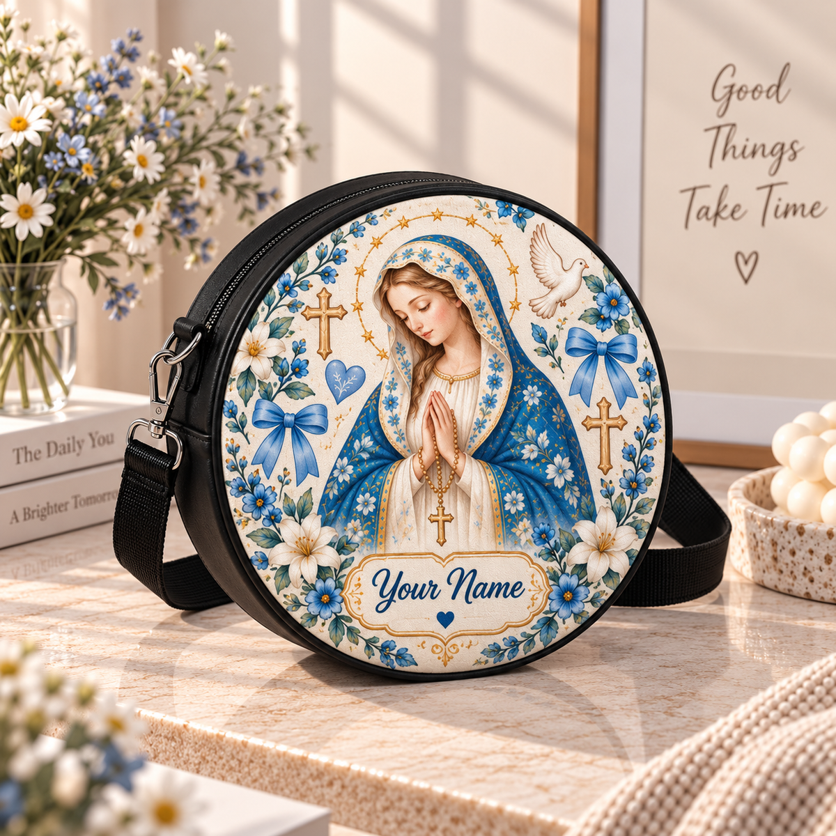 Virgin Mary Blue Floral Personalized Leather Round Bag