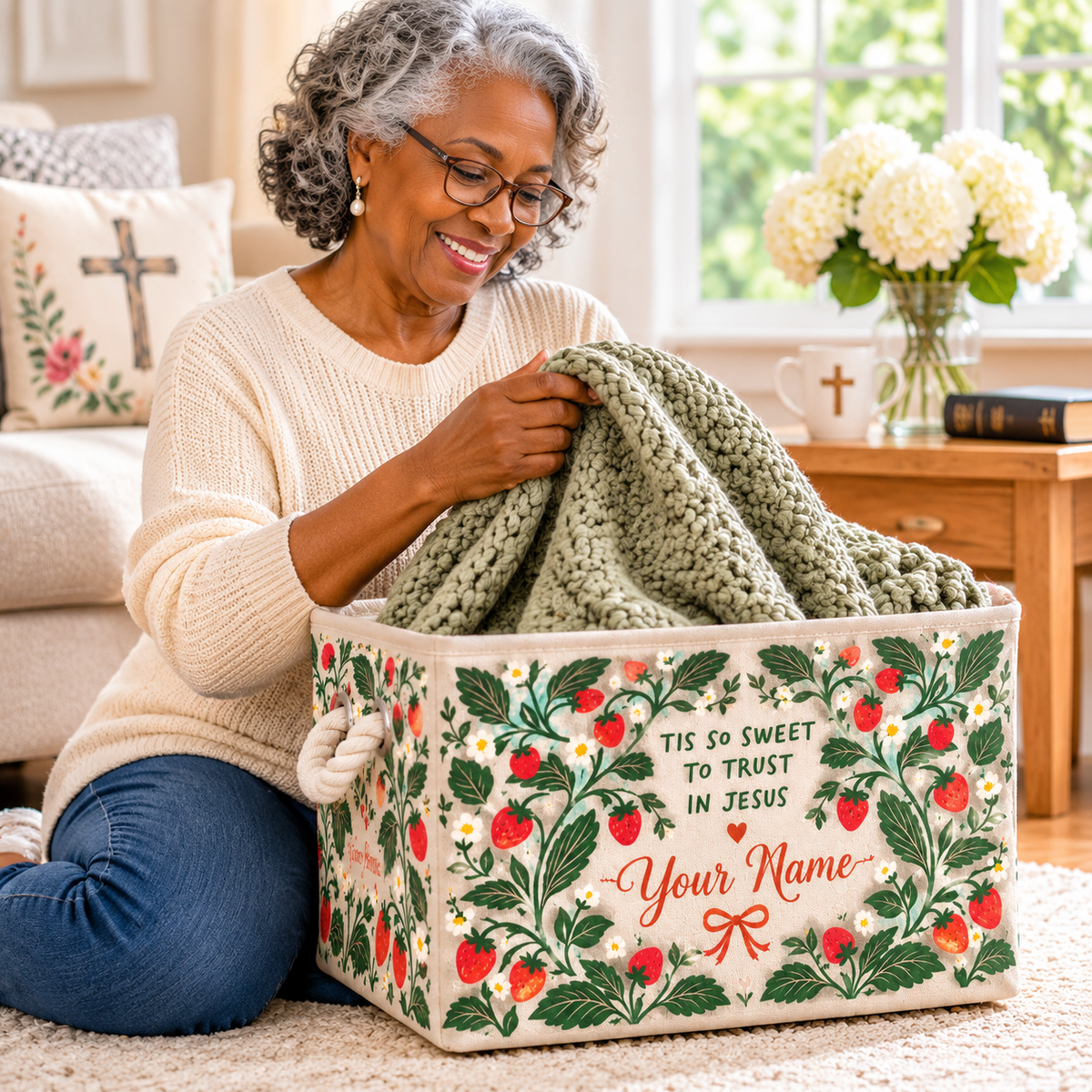 Strawberry Floral Bow Personalized Storage Basket