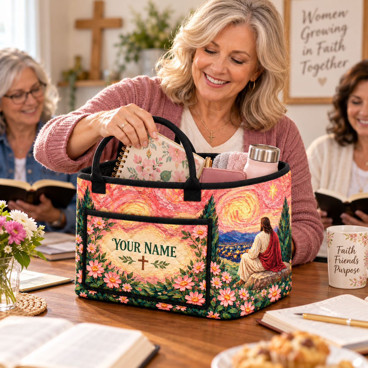 Pink Starry Floral Personalized Quilted Storage Basket