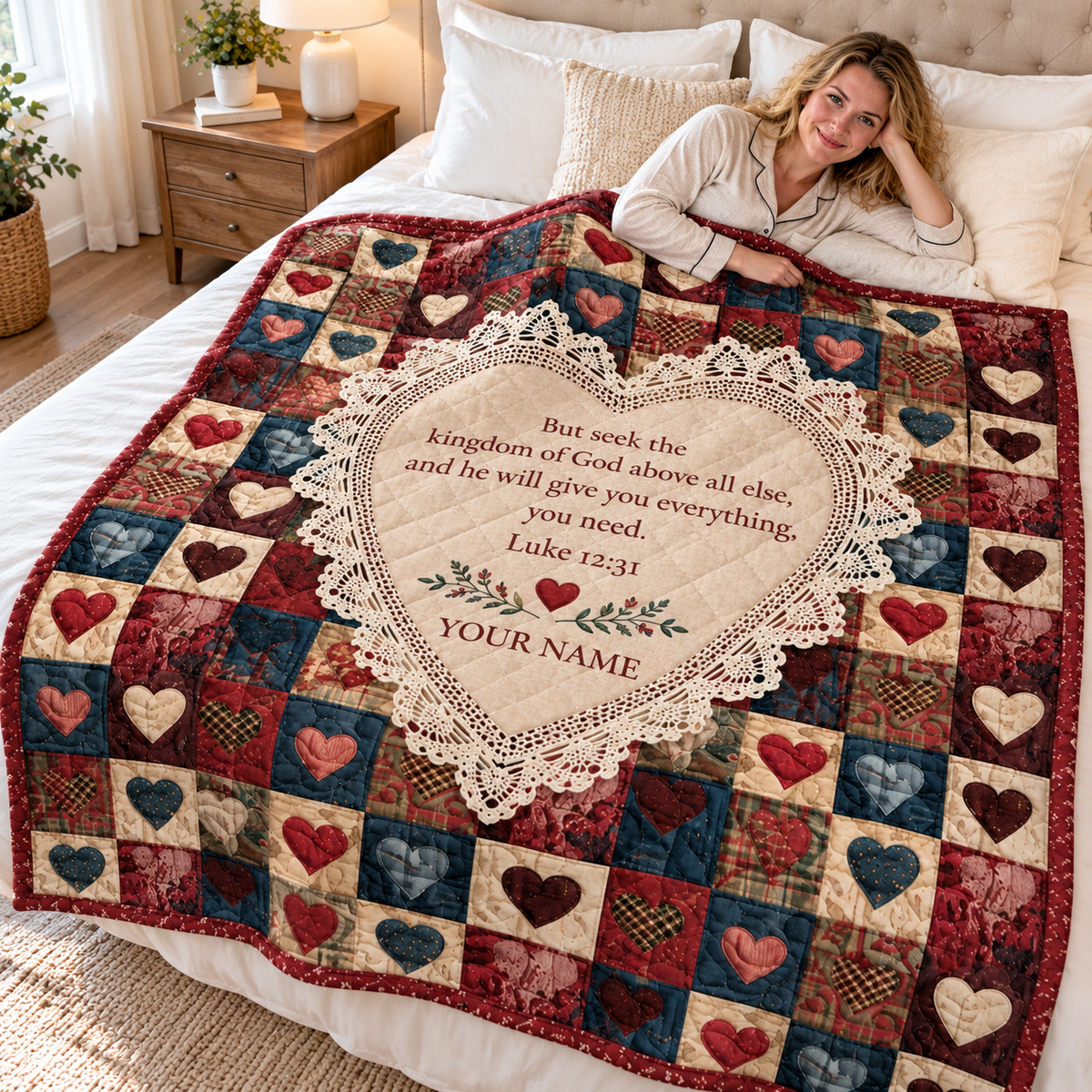 Vintage Lace Heart Patchwork Personalized Quilt