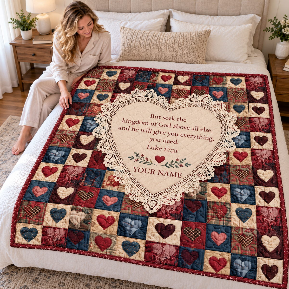 Vintage Lace Heart Patchwork Personalized Quilt