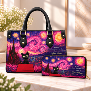 Pink Starry Black Cat Personalized PU Leather Handbag & Leather Long Wallet