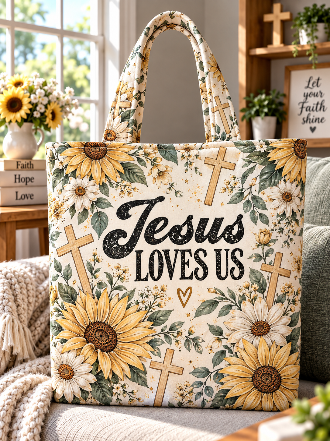 Jesus Loves Us Sunflower Tote Bag