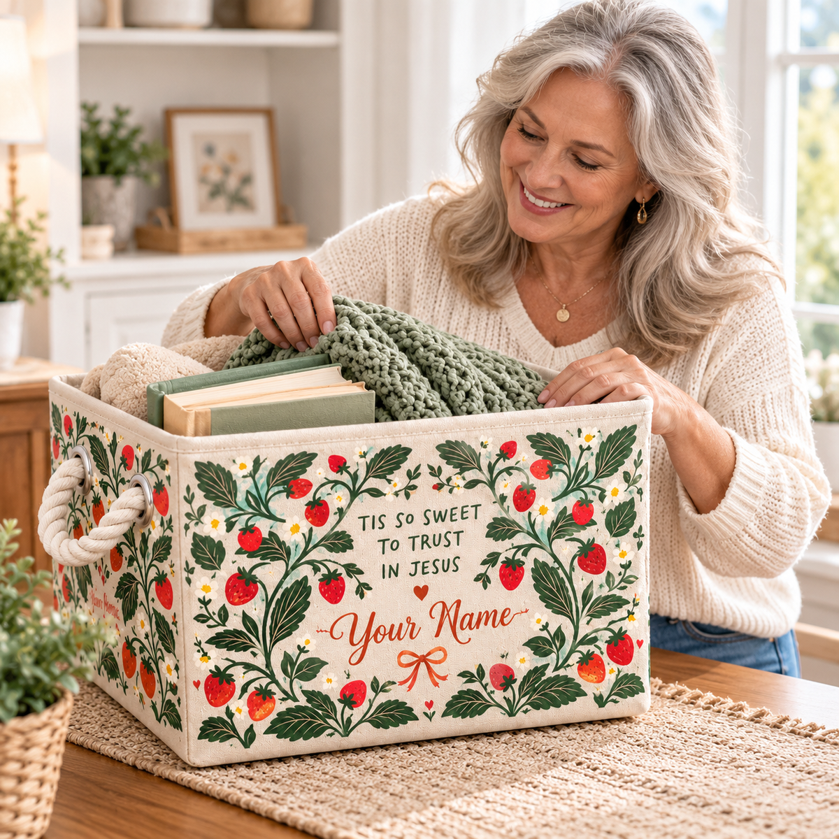 Strawberry Floral Bow Personalized Storage Basket