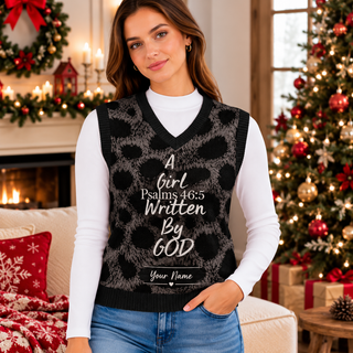 Black Leopard Pattern Personalized Knitted V-Neck Vest