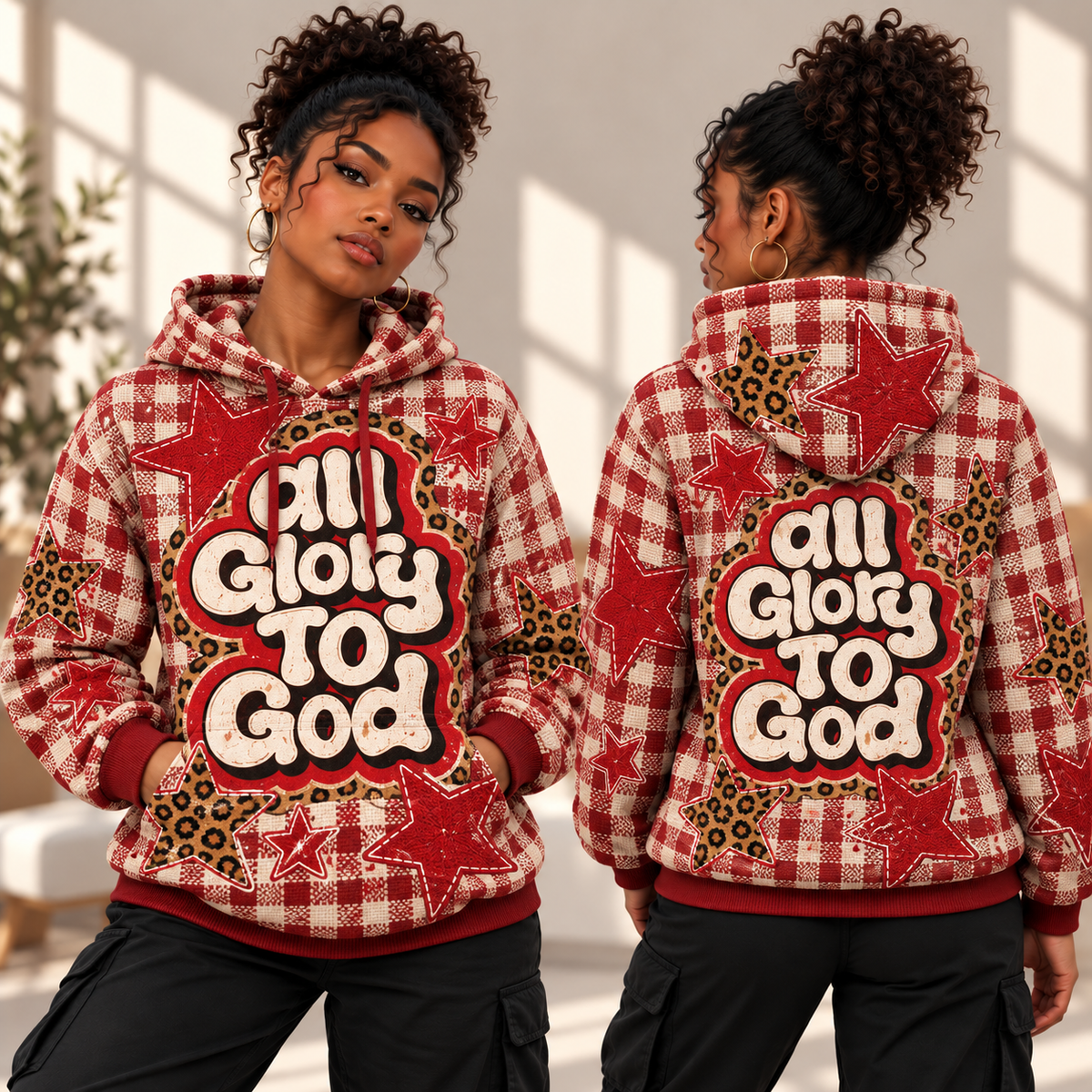 Red Gingham Leopard Stars Waffle Hoodie