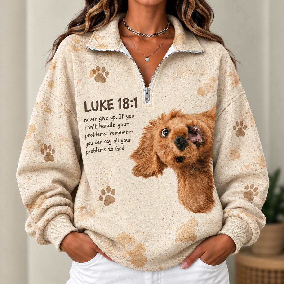 Playful Dog Paw Print Women's Half-zip Sweatshirt NWY076