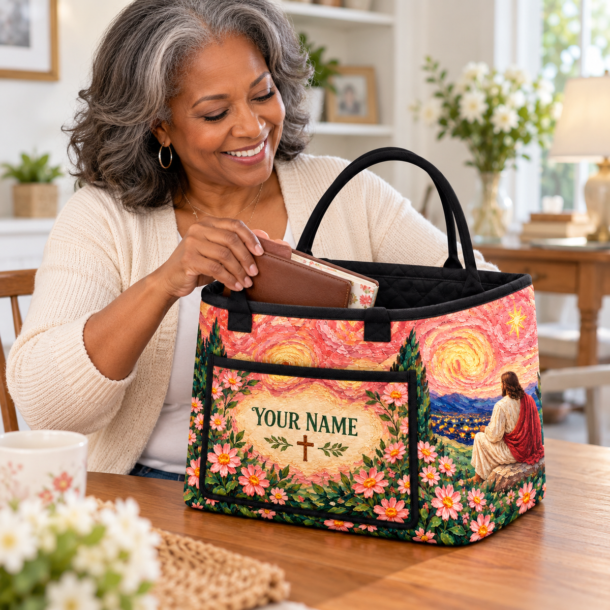 Pink Starry Floral Personalized Quilted Storage Basket