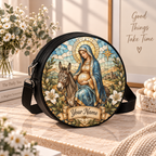 Virgin Mary Riding Donkey Stained Glass Personalized Leather Round Bag