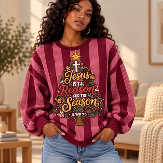 Burgundy Striped Typography Tree Waffle Sweatshirt