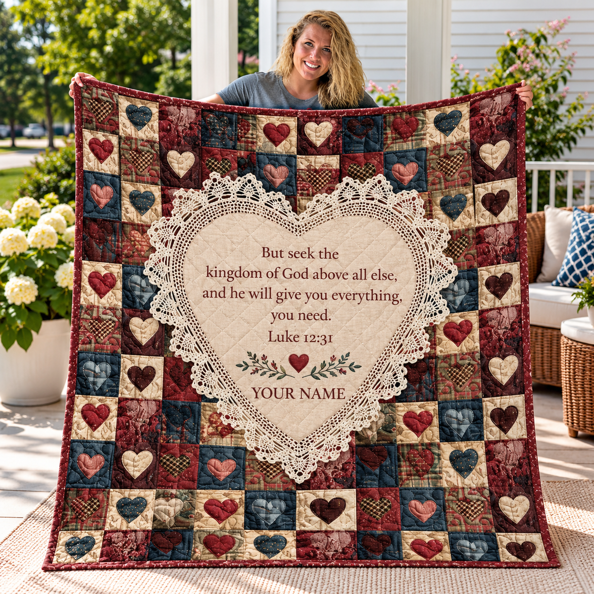Vintage Lace Heart Patchwork Personalized Quilt
