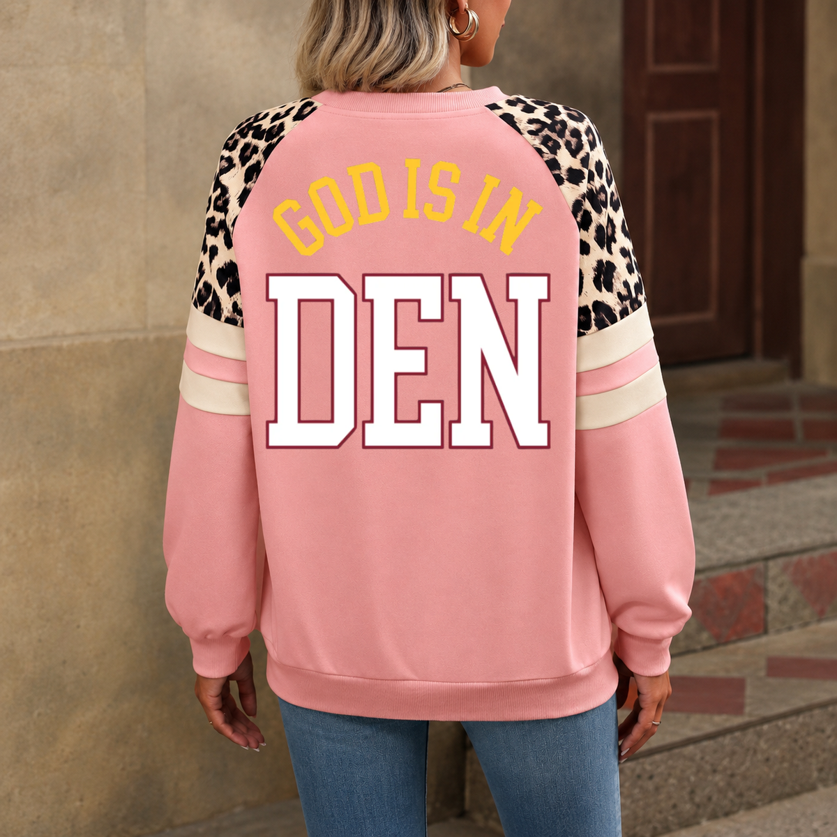 Denver God Is In DEN Leopard Sleeve Sweatshirt