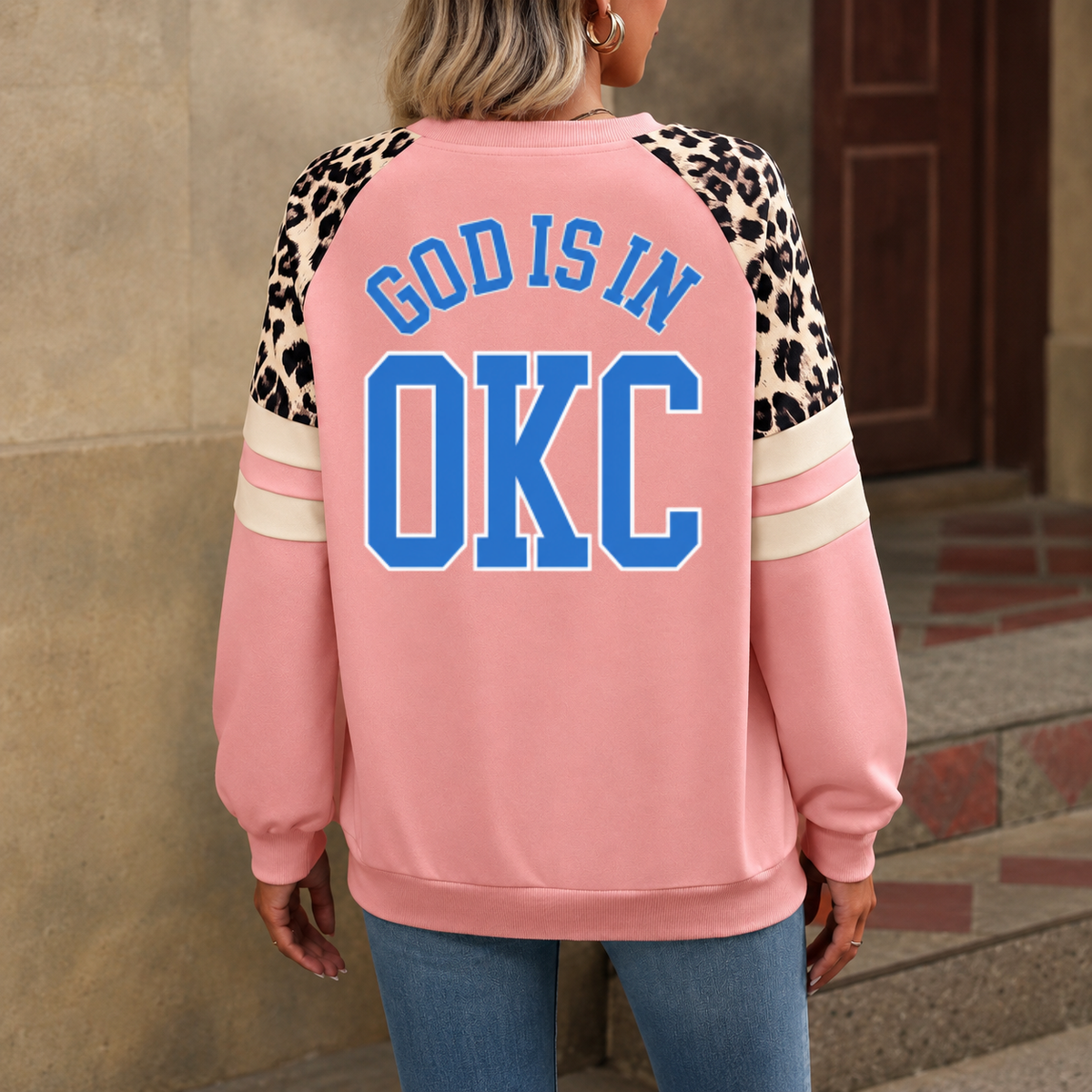 Oklahoma City God Is In OKC Leopard Sleeve Sweatshirt