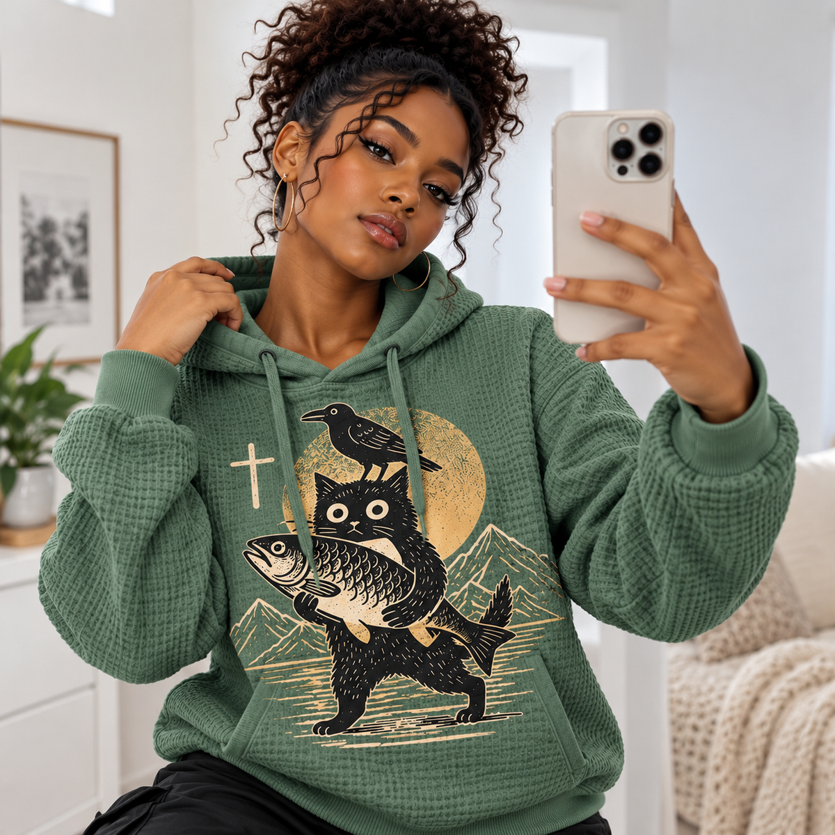 Black Cat Fishing Waffle Hoodie