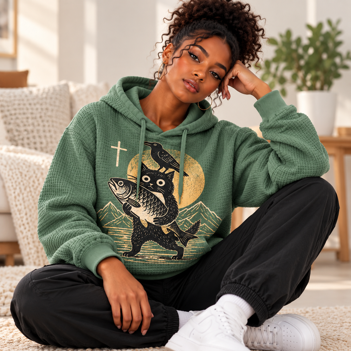 Black Cat Fishing Waffle Hoodie