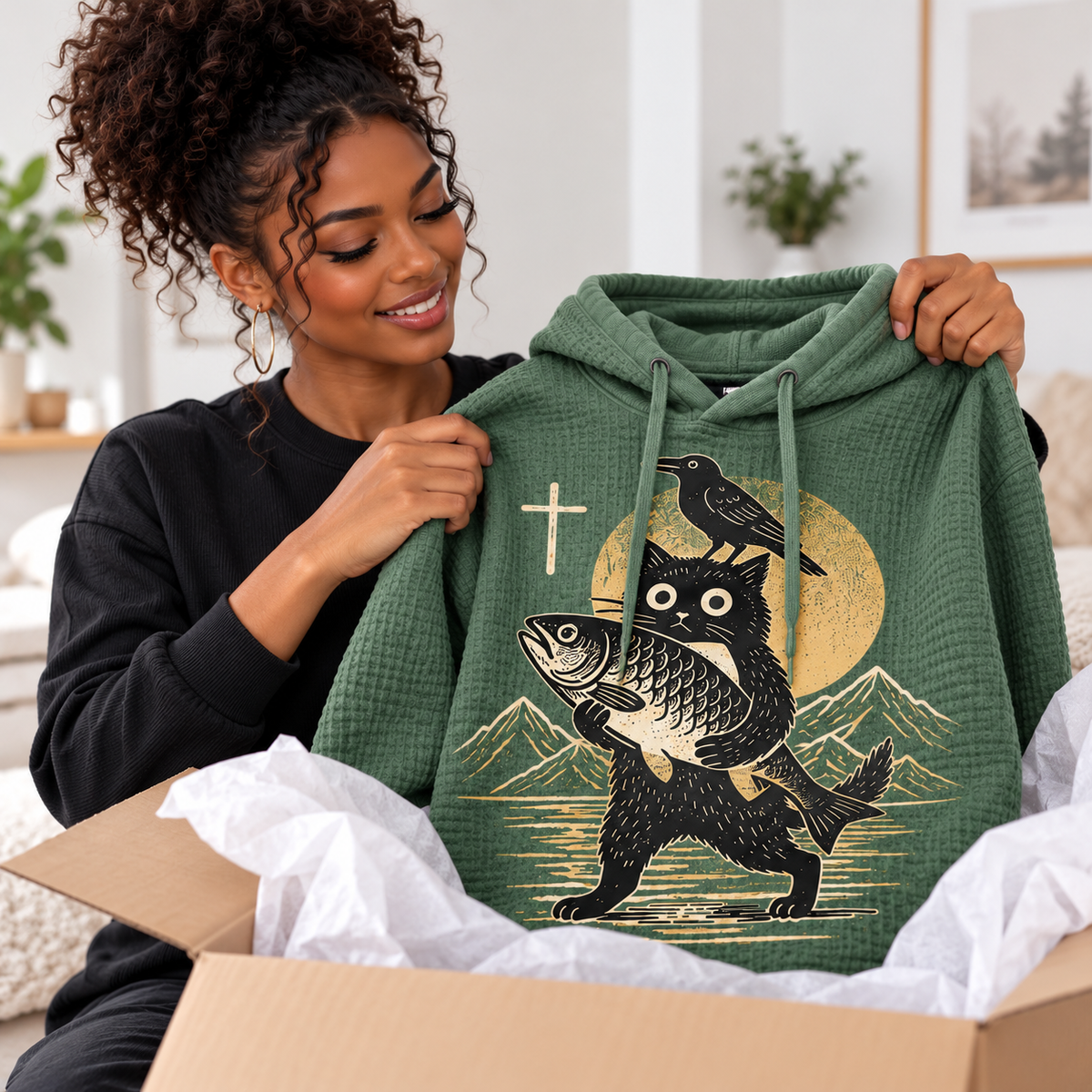 Black Cat Fishing Waffle Hoodie