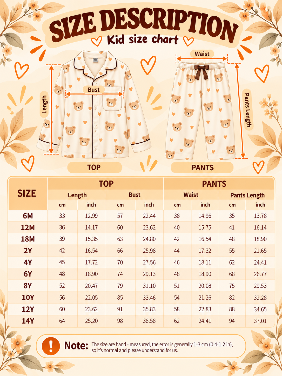 Kid pajama size chart, sizes 6M to 14Y, measurements in cm and inches