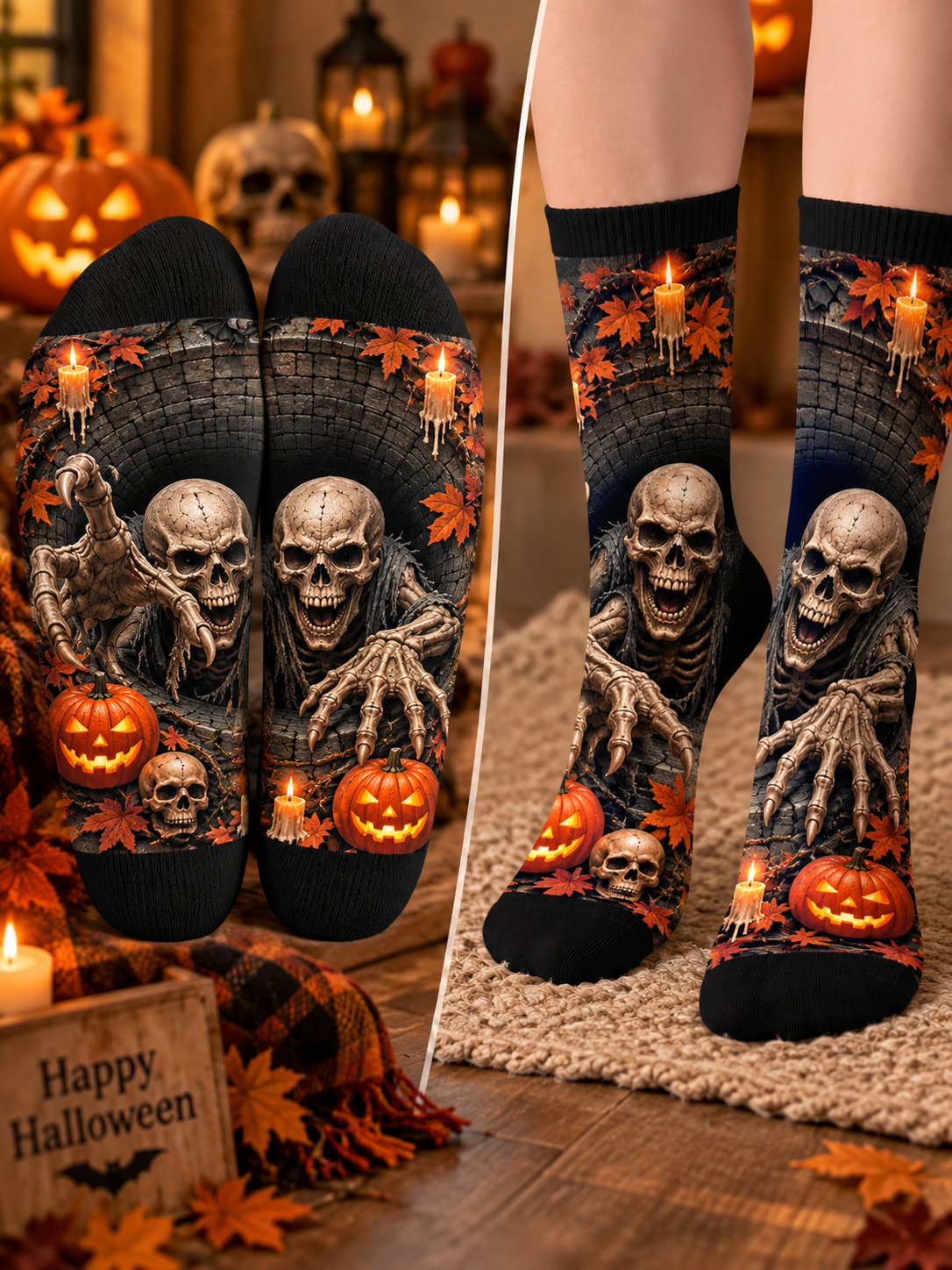 Skeletons And Jack O Lanterns Mid-Tube Socks