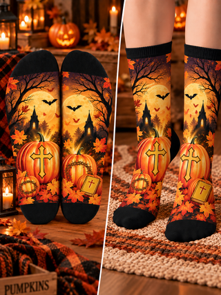 Faith Cross Pumpkins Mid-Tube Socks