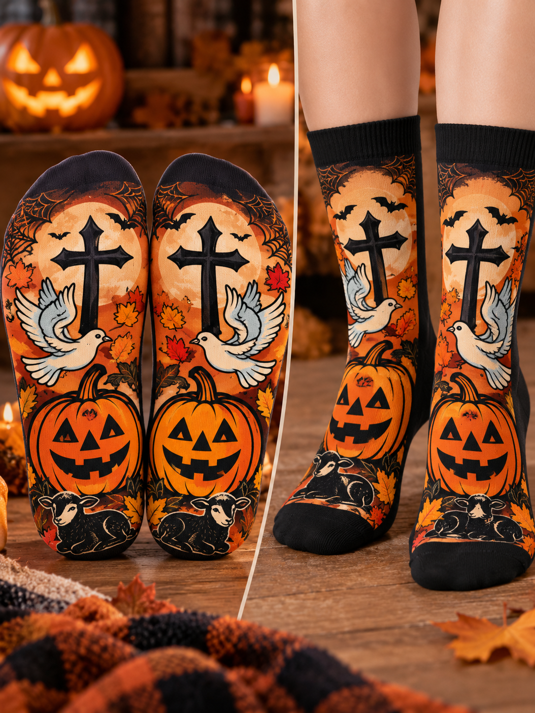 Lamb Dove Cross Pumpkin Mid-Tube Socks