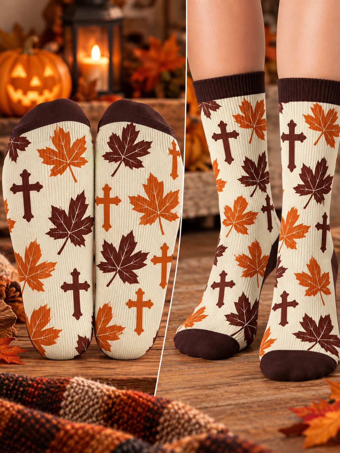 Autumn Crosses Maple Leaves Mid-Tube Socks