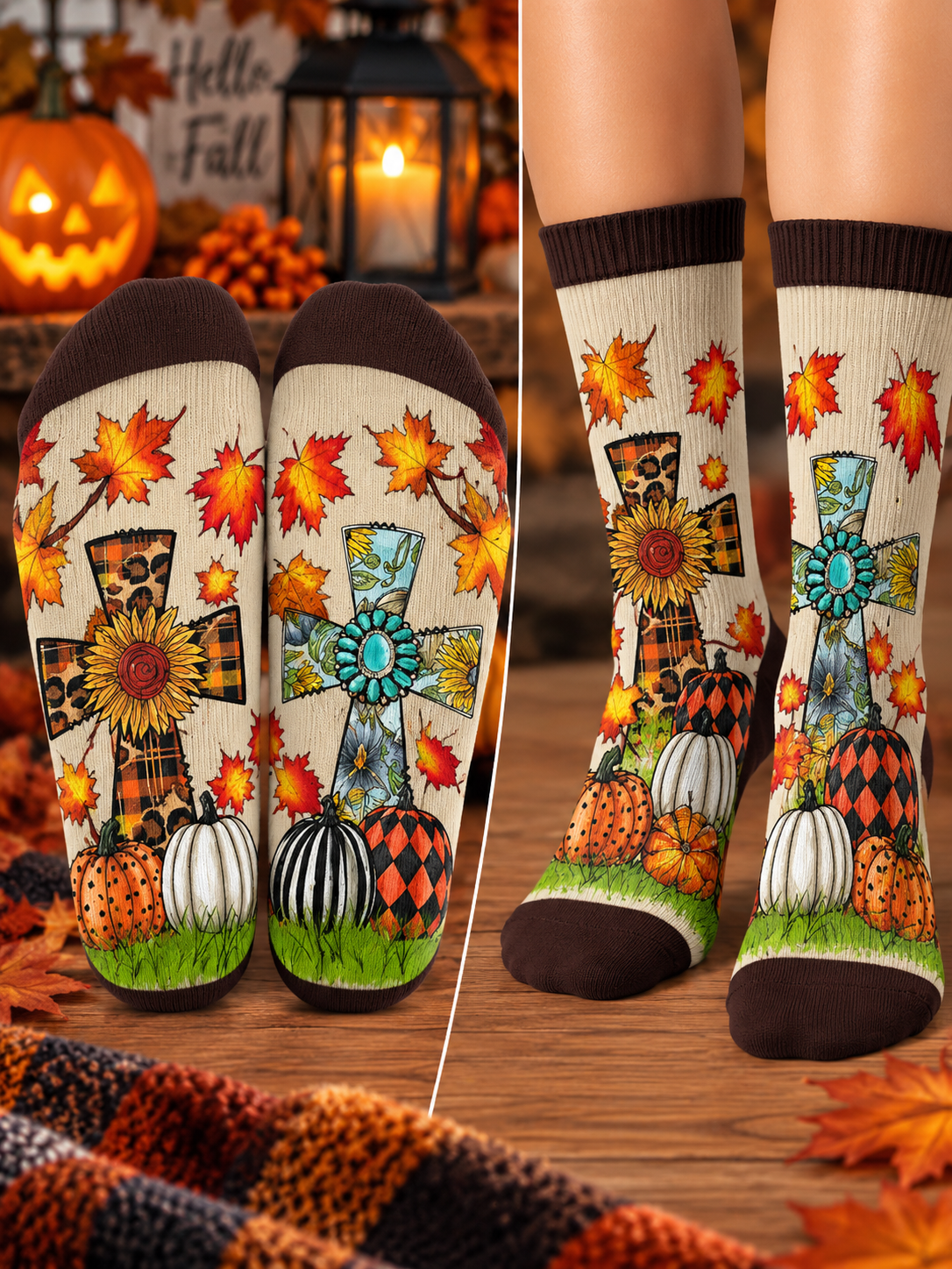 Decorated Crosses Pumpkins Mid-Tube Socks