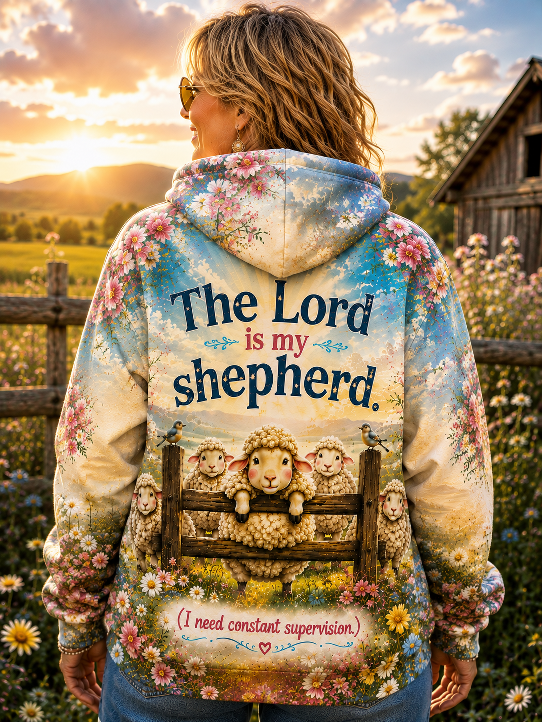 A woman stands outdoors at sunset wearing a hooded sweatshirt from the back. The hoodie features a colorful pastoral print with flowers, sheep in a fence, and the text 'The Lord is my shepherd.