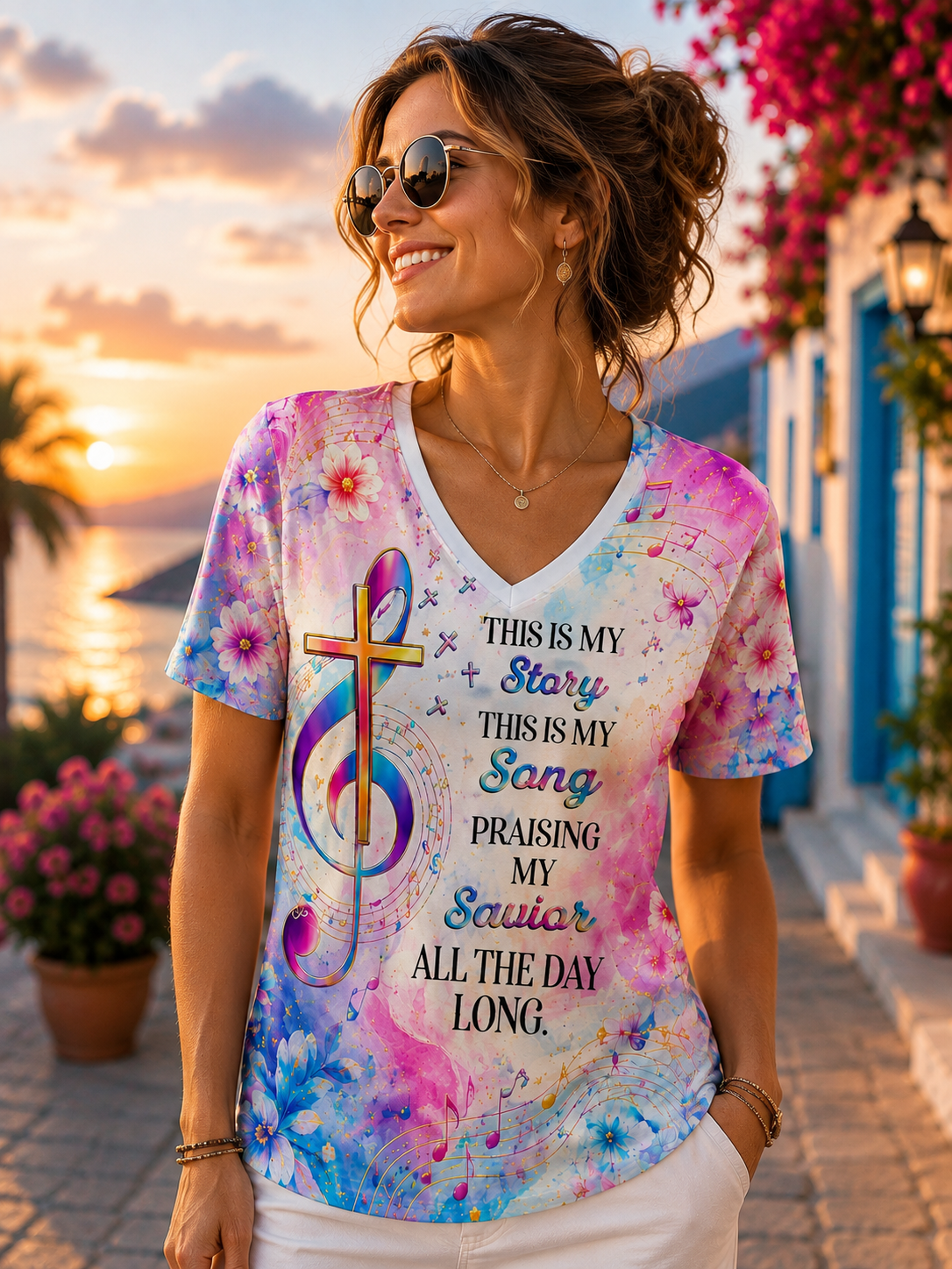A woman wearing a colorful tie-dye V-neck t-shirt with a gospel music theme, featuring a cross, treble clef, and the text 'This is my Story This is my Song Praising my Savior All the day long.' She is posing outdoors on a sunny beach walkway.