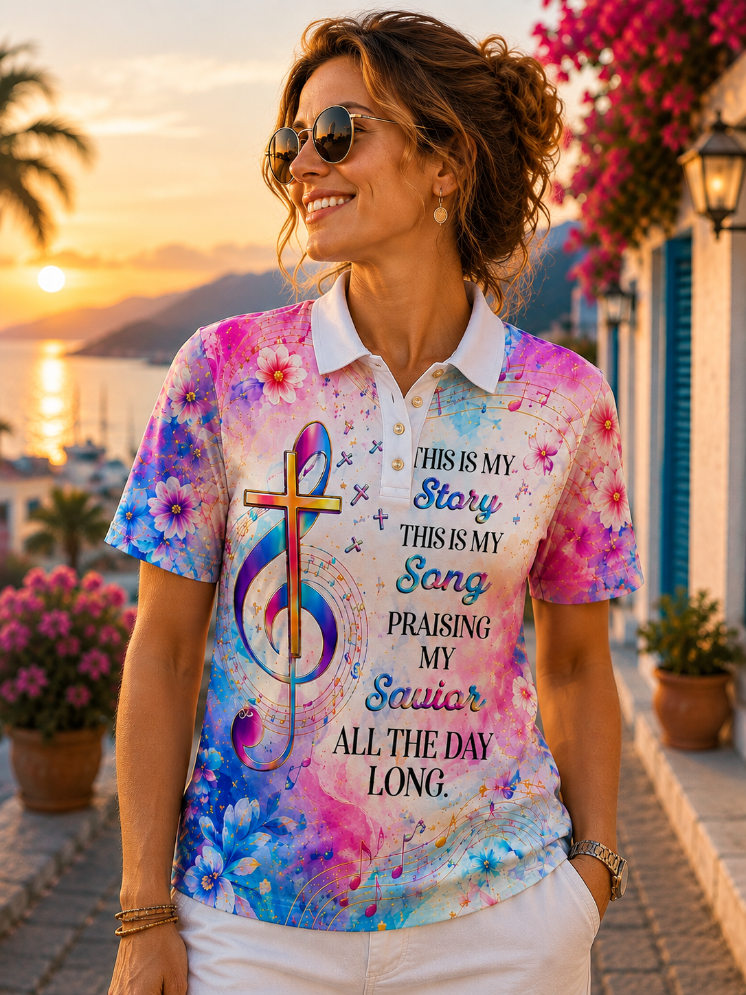A woman wearing a colorful short-sleeve polo shirt with a gospel music theme, standing outdoors on a sunny street with a sunset and sea in the background. The shirt features a white collar, a blue and pink watercolor design, a gold cross, a musical staff, and the text 'THIS IS MY Story THIS IS MY Song Praising My Savior ALL DAY LONG.