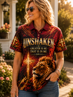 A woman wearing a short-sleeve polo shirt with a fiery red, orange, and black graphic print featuring the words 'UNSHAKEN', a large cross, and a lion illustration. She is wearing blue jeans and sunglasses, standing outdoors in front of a house and garden.