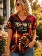 A woman wearing a graphic t-shirt with a lion and cross design, featuring the text 'UNSHAKEN GREATER IS HE THAT IS IN ME 1 JOHN 4:4'.