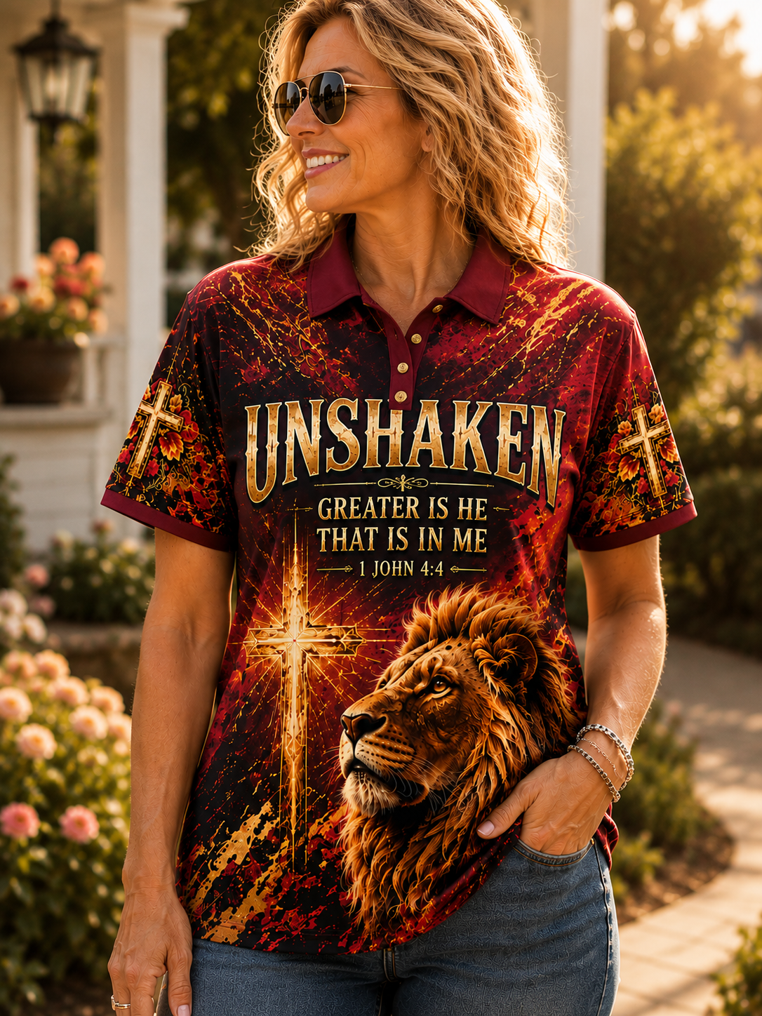 A woman wearing a short-sleeve polo shirt with a fiery red, orange, and black graphic print featuring the words 'UNSHAKEN', a large cross, and a lion illustration. She is wearing blue jeans and sunglasses, standing outdoors in front of a house and garden.