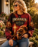 A woman wearing a graphic sweatshirt with a lion and cross design and the text 'UNSHAKEN GREATER IS HE THAT IS IN ME 1 JOHN 4:4', seated outdoors on a wooden bench.